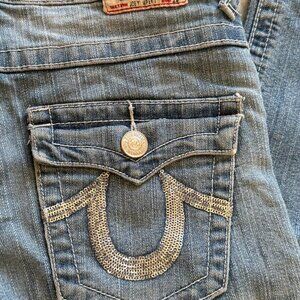 True Religion blue denim jeans with glitter Siver sequin accents